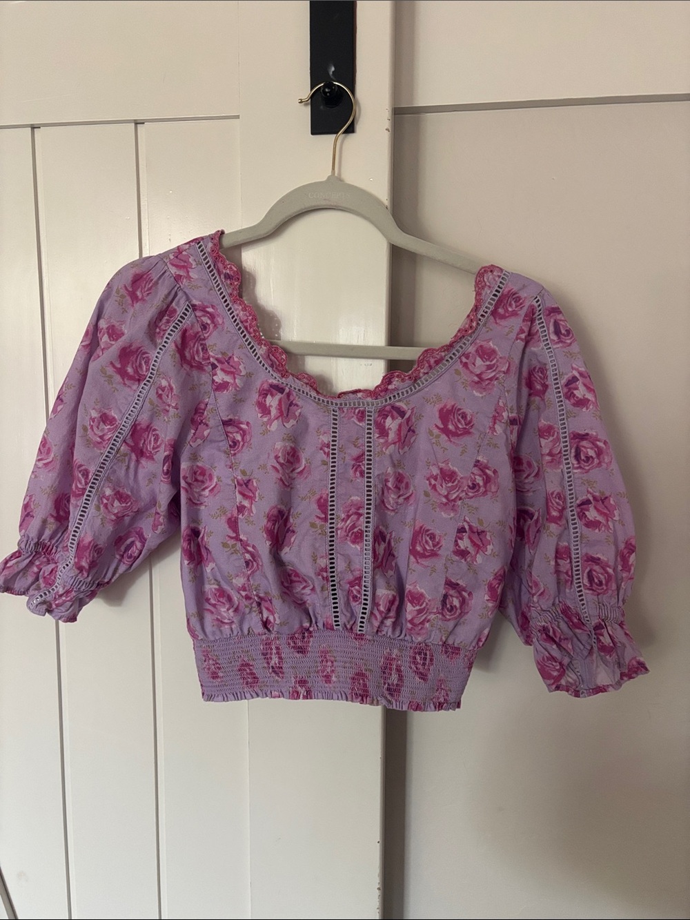 LoveShackFancy Lilac Rose Print Puff Sleeve Crop Top